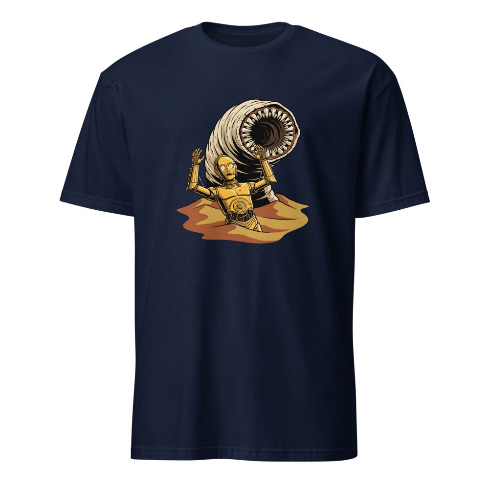 Golden Protocol Droid Desert Worm Peril Comic Tee — Men's Basic Tee — navy front view