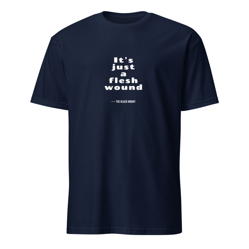 Flesh Wound Cult Comedy Quote Tee — Men's Basic Tee — navy front view