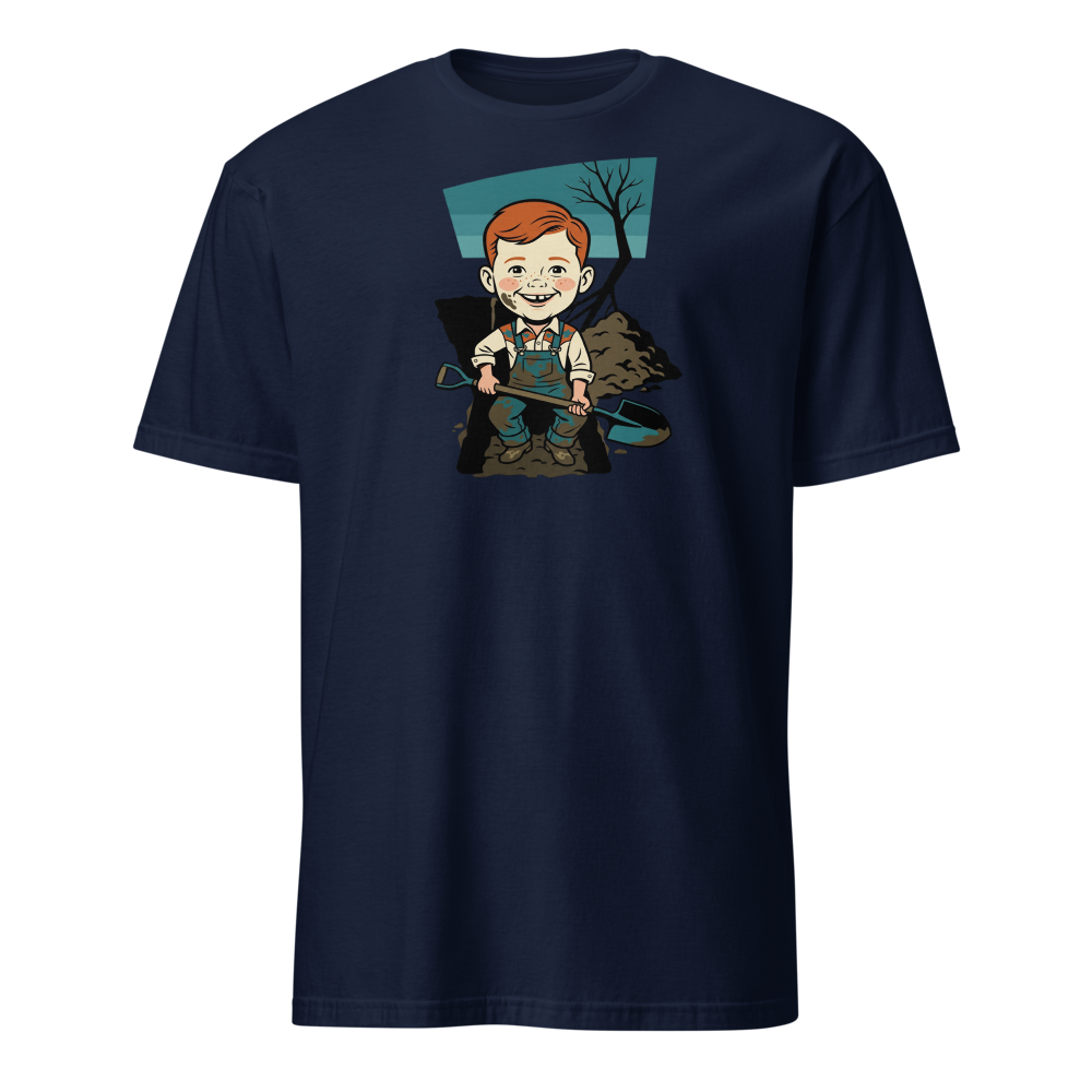 Suspicious Backyard Digger Vintage Poster Tee — navy front view