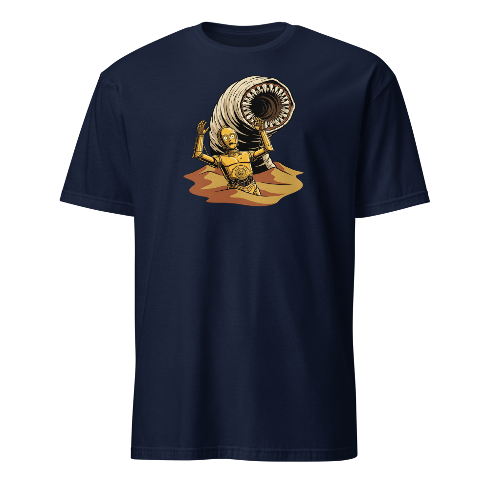 Golden Protocol Droid Desert Worm Peril Comic Tee â€” Navy front view