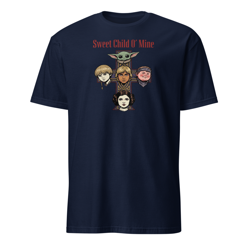 Sweet Child Sci-Fi Rock Cross album Parody Tee — navy front view