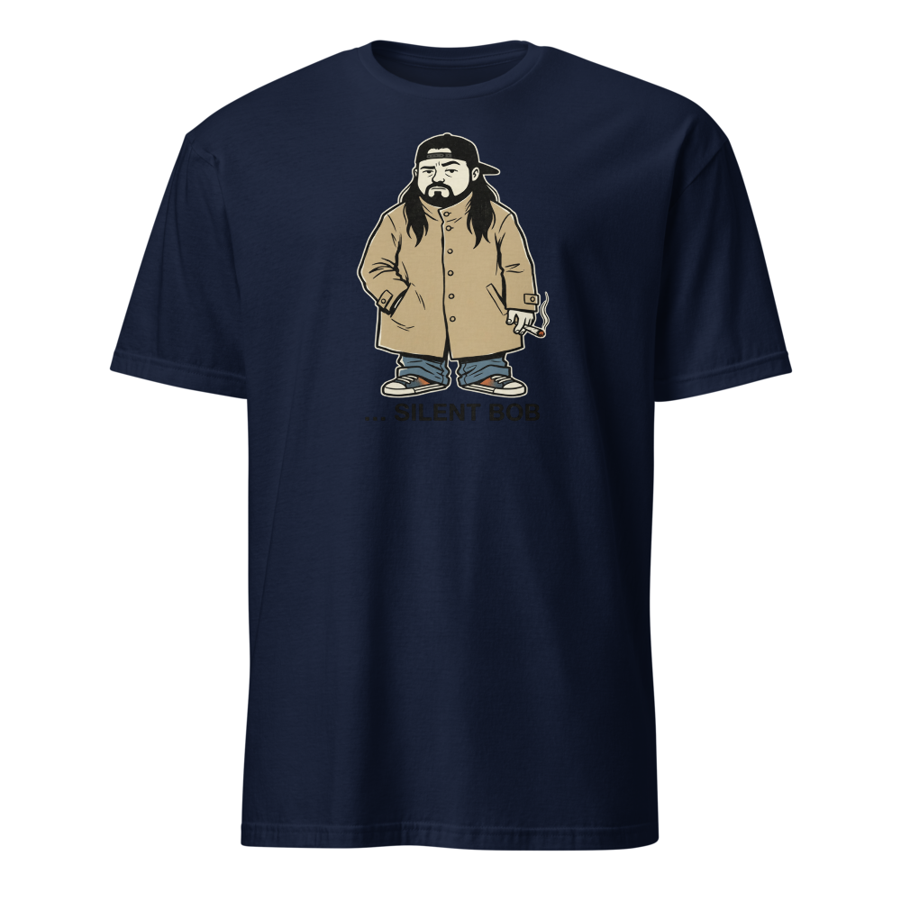 Silent Stoner Sidekick Trench Coat Punk Caricature Tee — Men's Basic Tee — navy front view