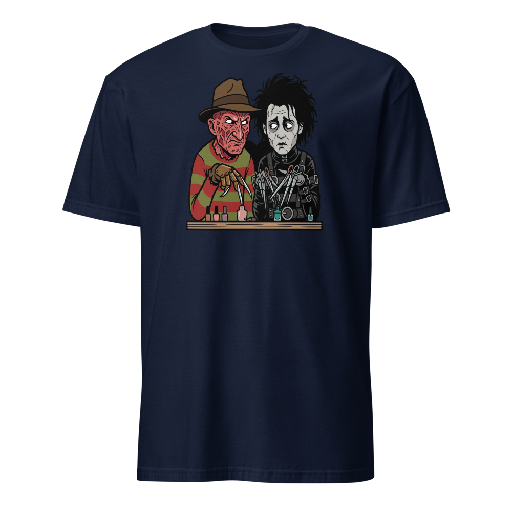 Bladed Villains Nail Salon Side-Eye Horror Tee — Men's Basic Tee — navy front view
