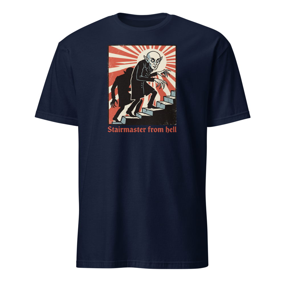 Stairmaster From Hell Vintage Vampire Horror Tee — Men's Basic Tee — navy front view