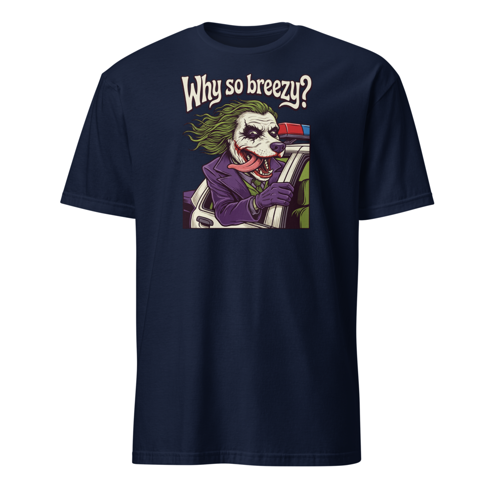 Why So Breezy Clown Villain Joyride Parody Tee — Men's Basic Tee — navy front view