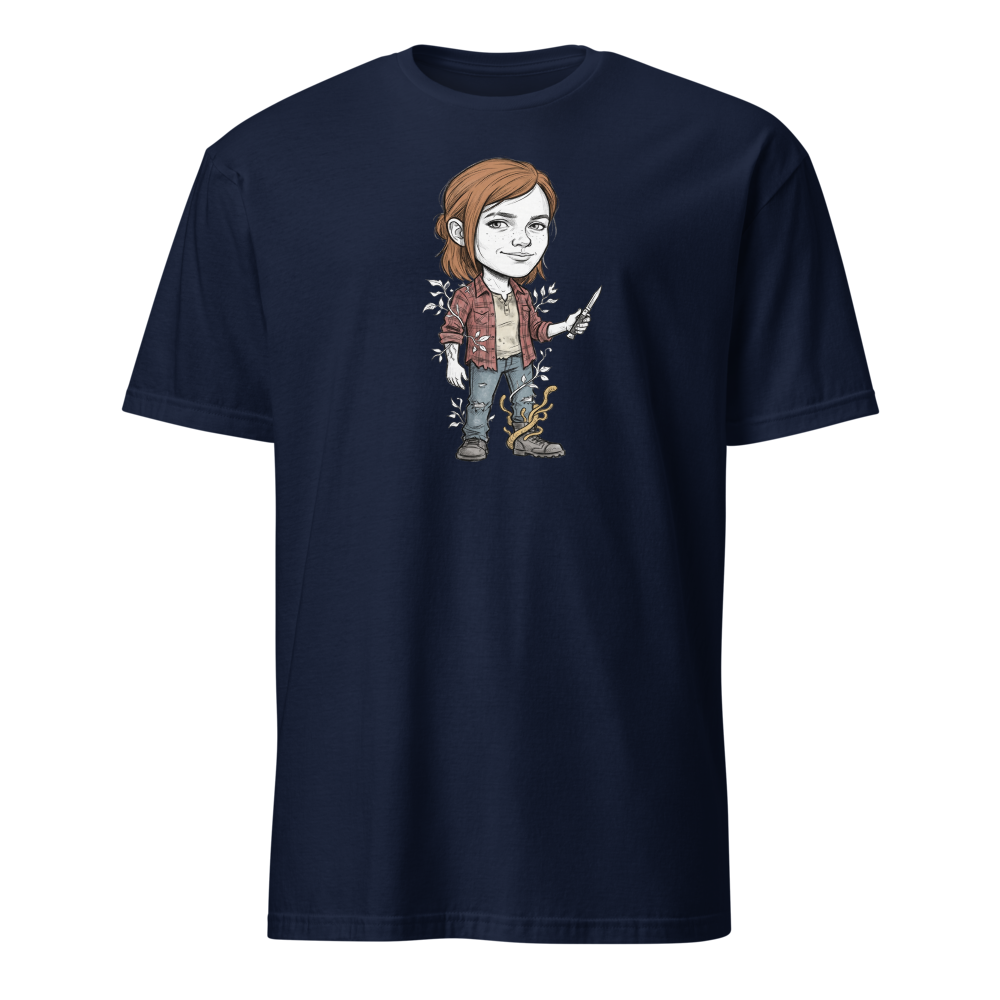 Post-Apocalyptic Survivor Girl Switchblade Sketch Tee — navy front view