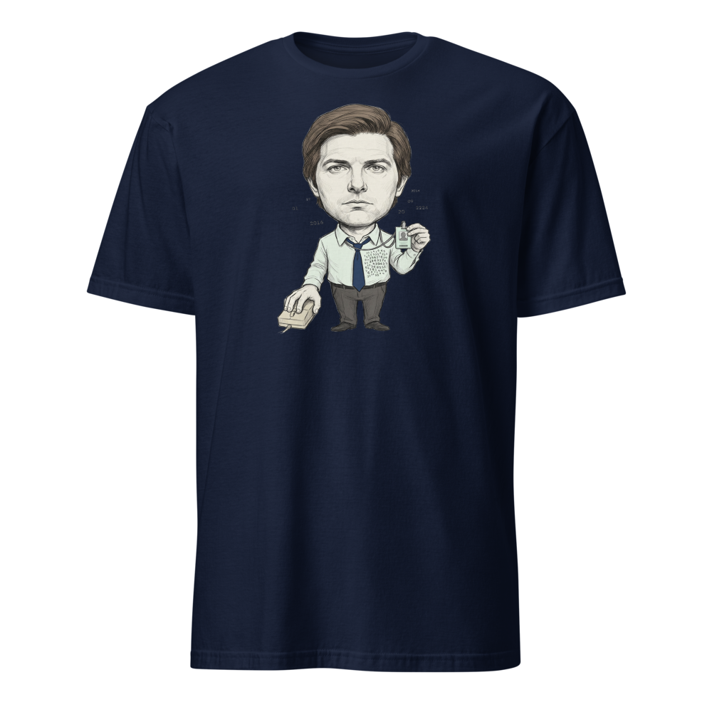 Split-Brain Office Drone Pencil Sketch Tee — navy front view