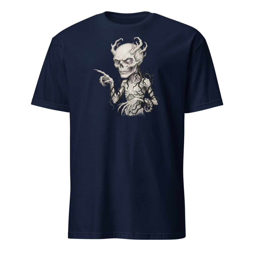 Vine-Wrapped Skull Villain Pencil Sketch Horror Tee — navy front view