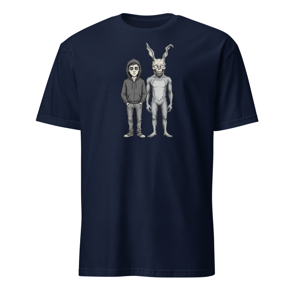 Doomed Teen and Demon Rabbit Sketch Cult Horror Tee — navy front view