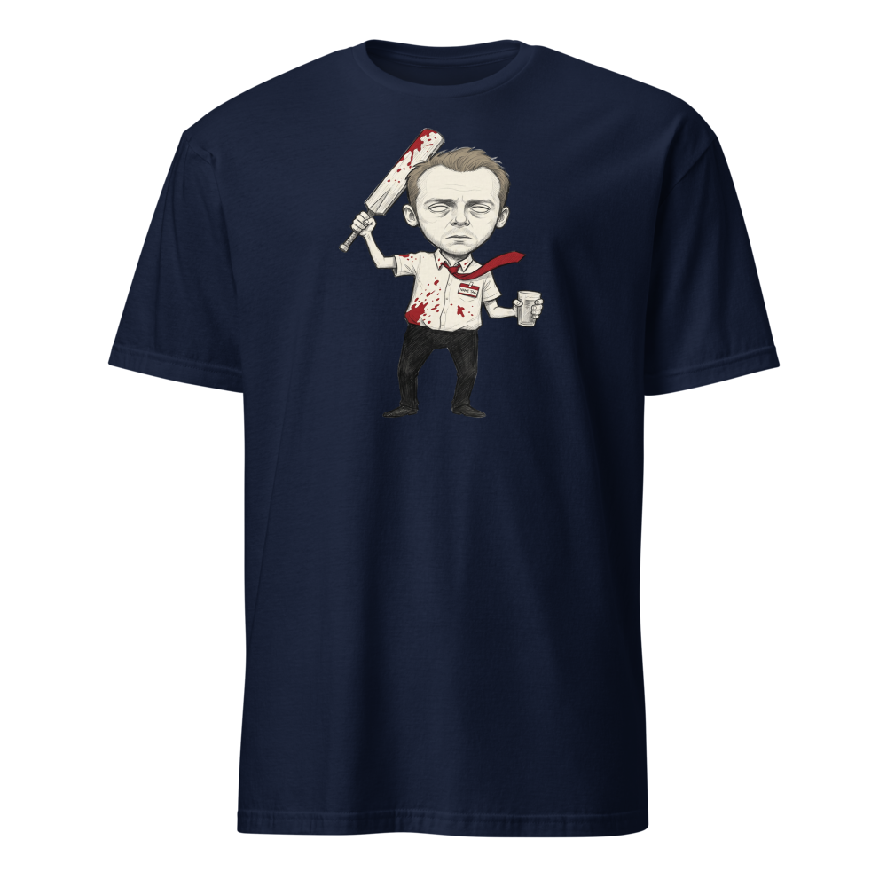 Deadpan Pub Hero Cricket Bat Zombie Sketch Tee — Men's Basic Tee — navy front view