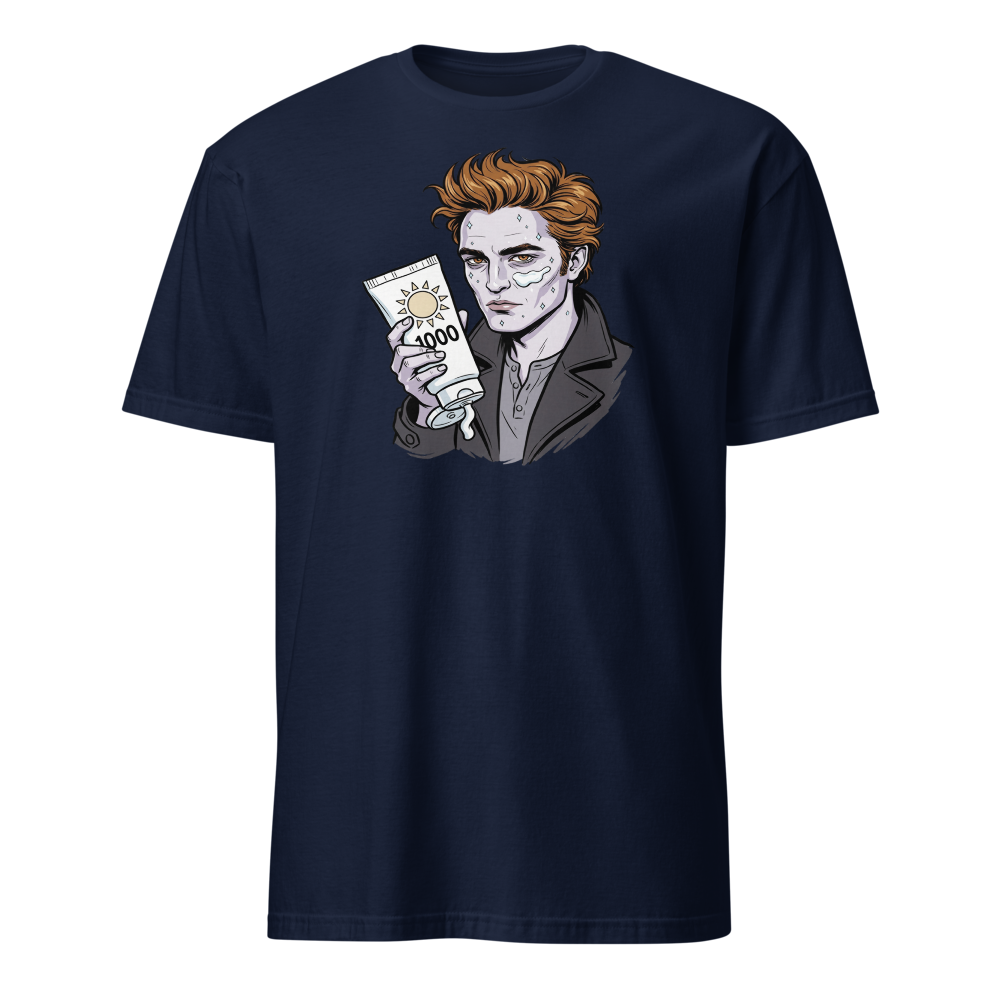 Sparkling Vampire SPF 1000 Sunscreen Parody Tee — Men's Basic Tee — navy front view