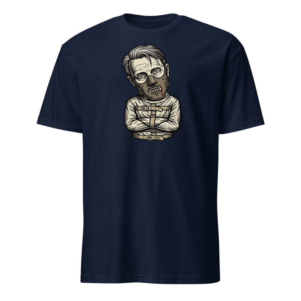 Polite Cannibal Muzzle Mask Linocut Horror Tee — Men's Basic Tee — navy front view