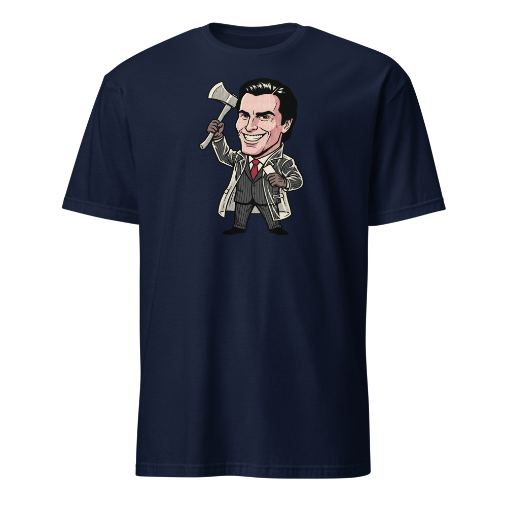 Wall Street Yuppie Axe Killer Pop Art Parody Tee — Men's Basic Tee — navy front view