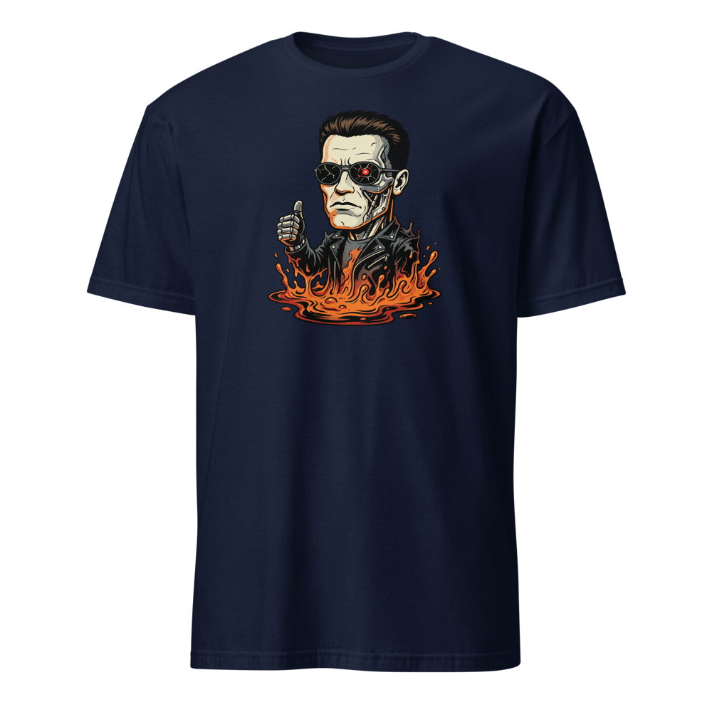 Molten Steel Thumbs Up Cyborg Comic Ink Tee — Men's Basic Tee — navy front view