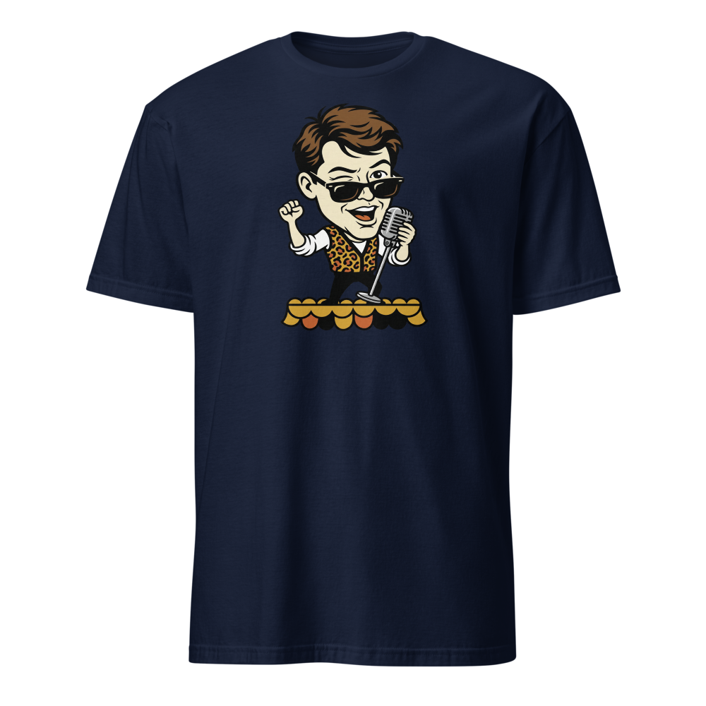 Parade Float Crooner Leopard Vest Retro 80s Tee — navy front view