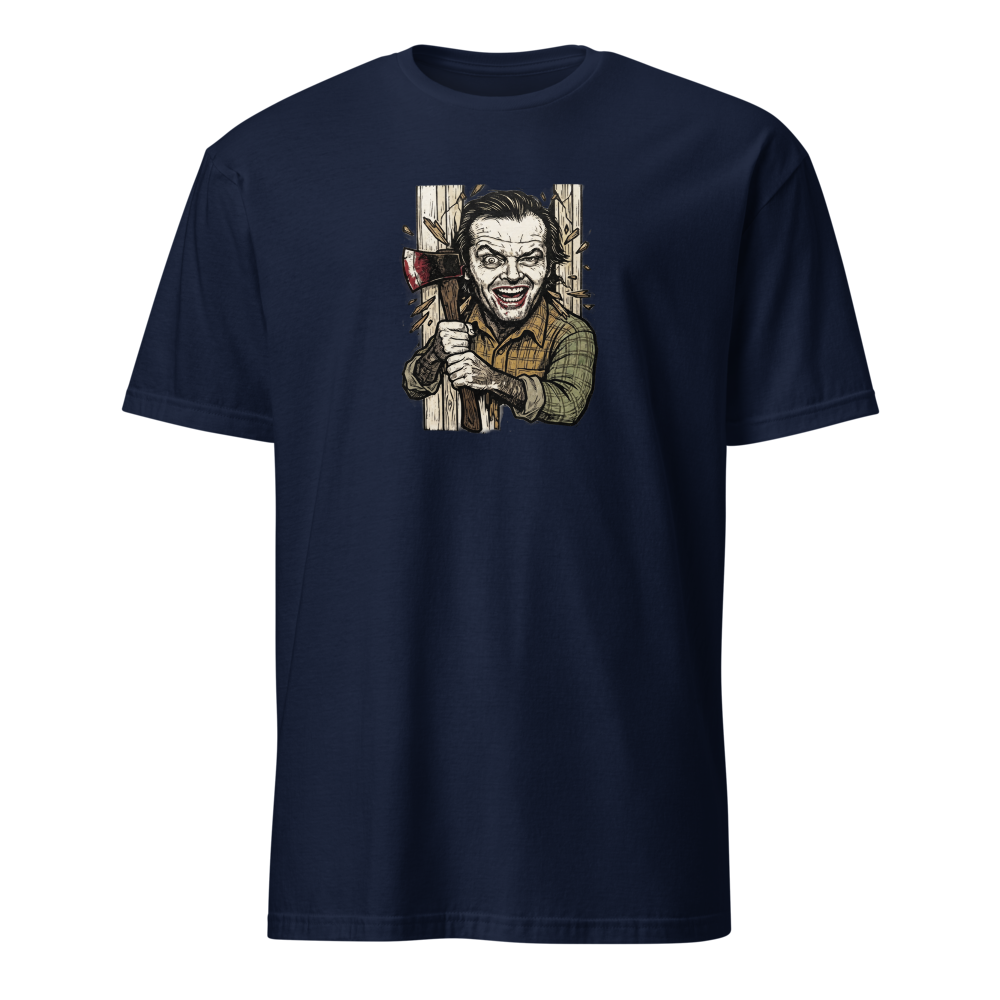 Axe Maniac Door Breach Blackwork Horror Tee — navy front view