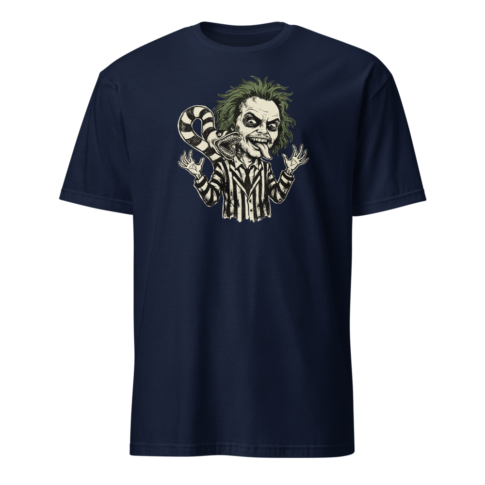 Bio-Exorcist Ghoul Pinstripe Punk Horror Comedy Tee — navy front view