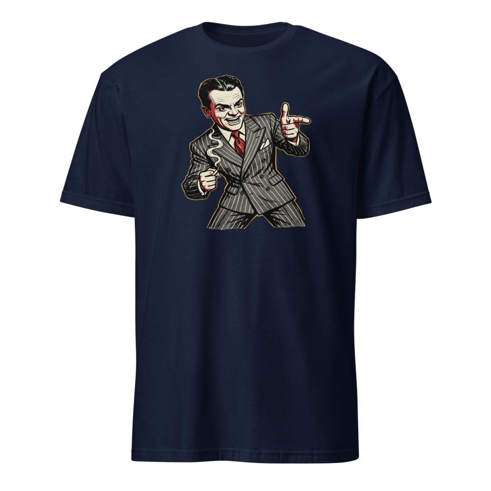 Pinstripe Gangster Finger-Gun Punk Caricature Tee — navy front view