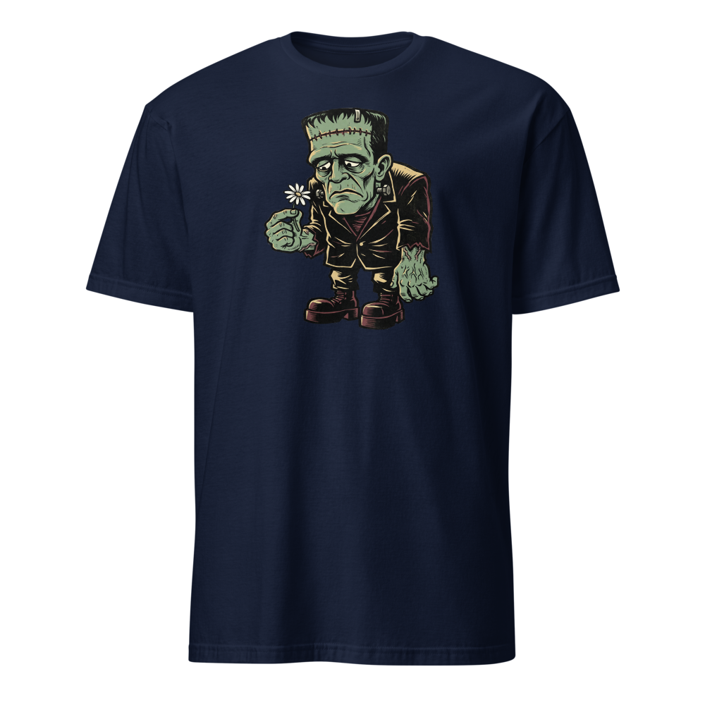 Confused Stitched Monster Holding Daisy Woodcut Tee — navy front view