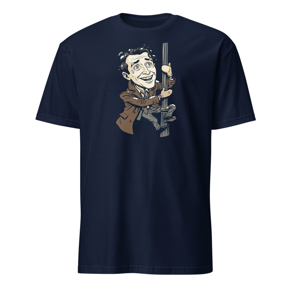 Snowy Lamppost Hug Christmas Movie Caricature T-Shirt — navy front view