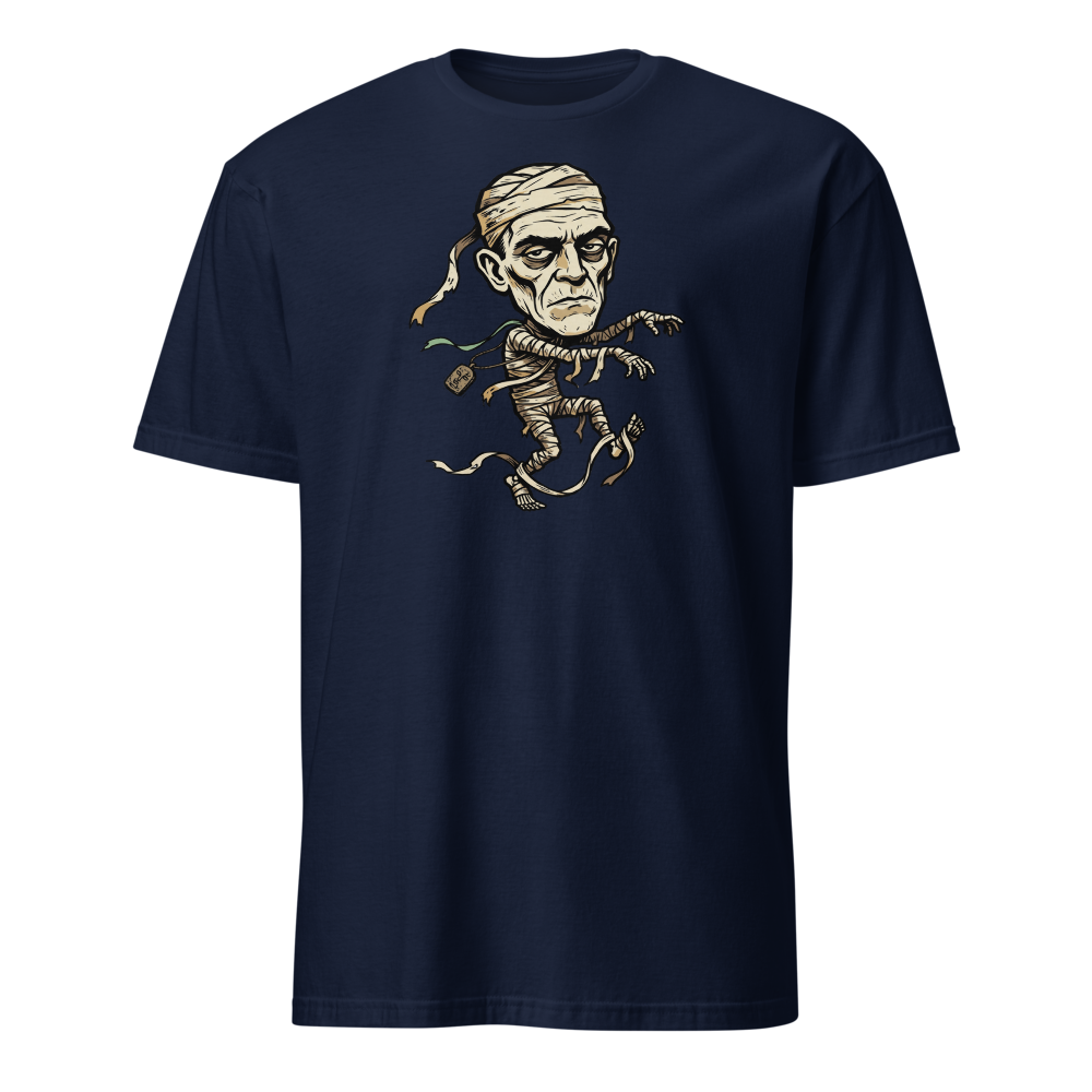 Tripping Mummy Woodcut Vintage Horror Tee — navy front view