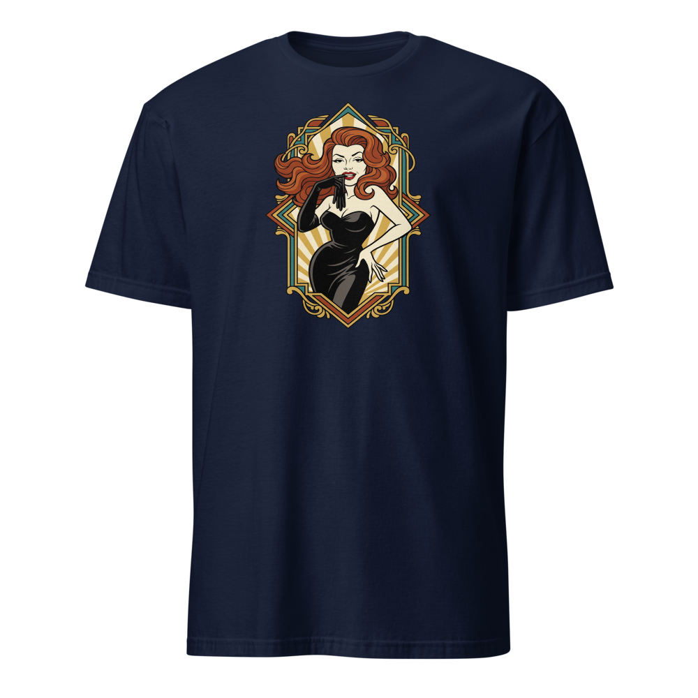 Jazz Age Femme Fatale Glove Peel Deco Tee — navy front view
