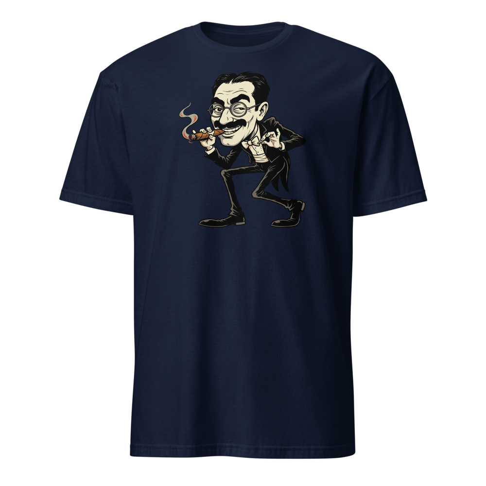 Sneaky Vaudeville Comedian Cigar Caricature Tee — navy front view