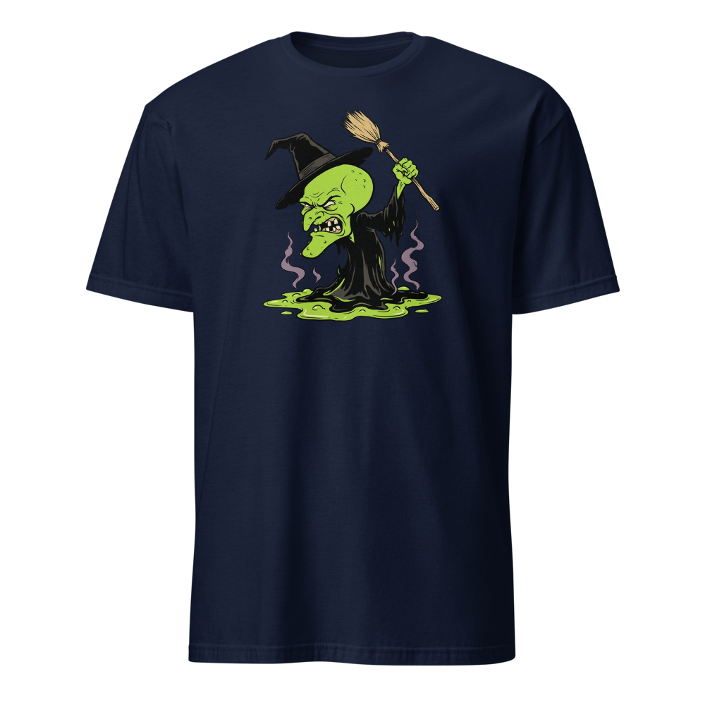 Melting Green Witch Editorial Cartoon Parody Tee — navy front view
