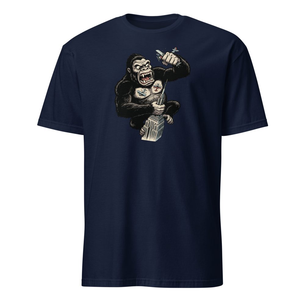 Giant Ape Skyscraper Biplane Smash Comic Tee — navy front view