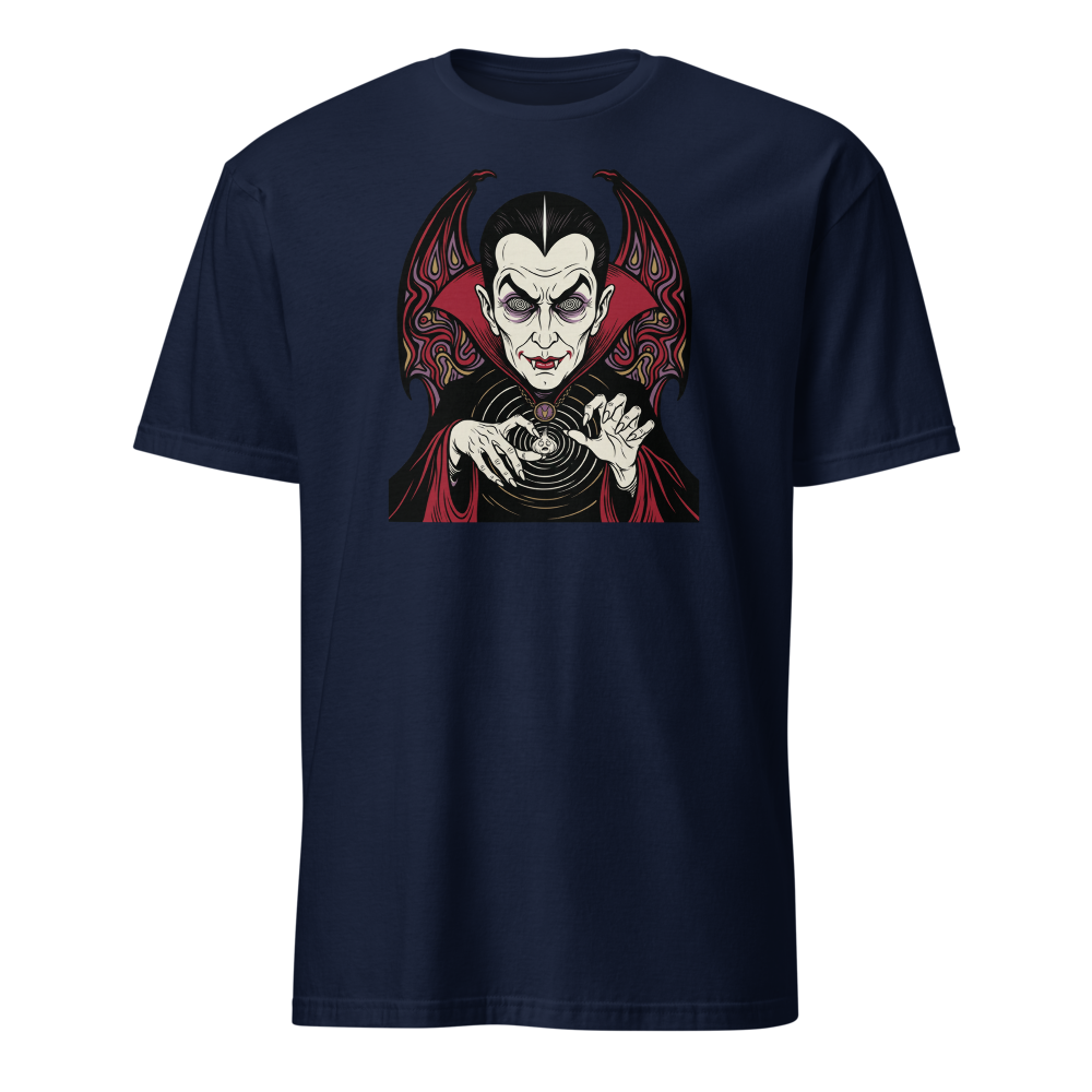 Caped Count Hypnotizes Garlic Psychedelic Horror Tee — navy front view