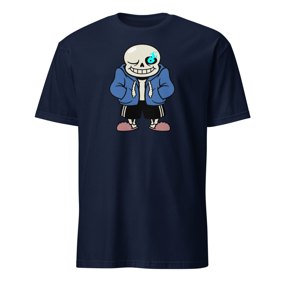 Lazy Skeleton Blue Hoodie Indie RPG Tee — navy front view