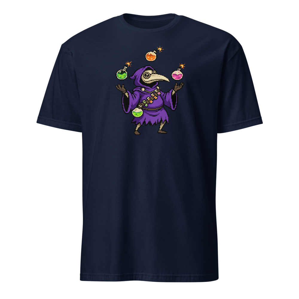 Hooded Pixel Alchemist Potion Juggler Retro Tee — navy front view