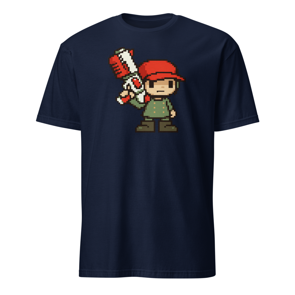 Silent Pixel Hero Oversized Blaster Retro Tee — navy front view