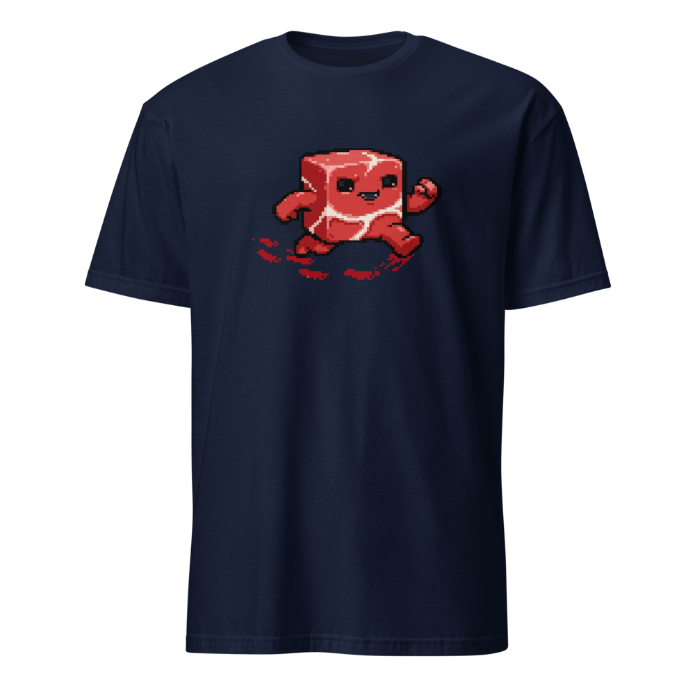 Running Meat Cube 16-Bit Pixel Platformer Tee — navy front view