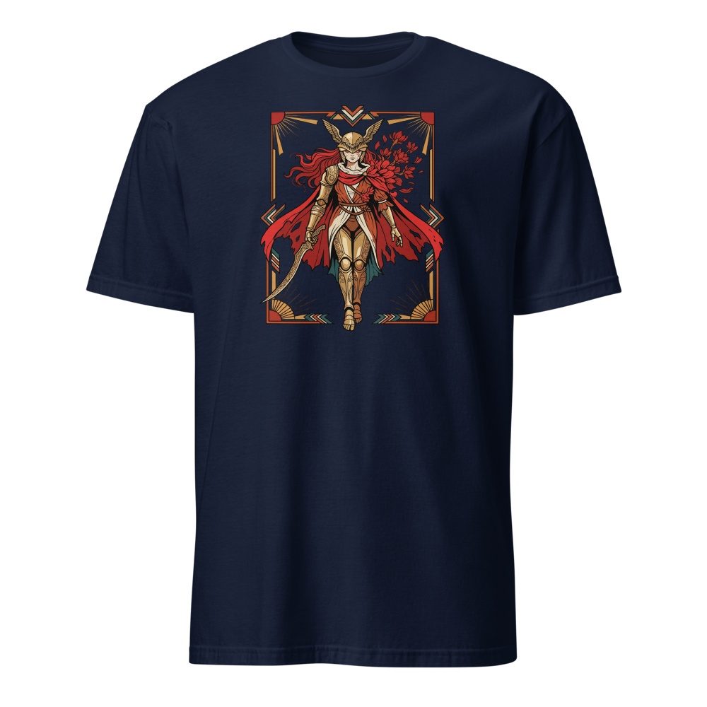 Deco Valkyrie Scarlet Bloom Knight Graphic T-Shirt — navy front view