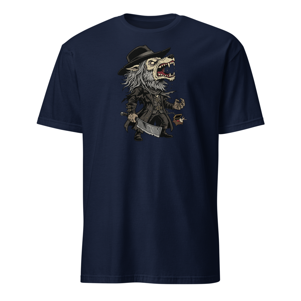 Beast Hunter Howling Tricorn Cleaver Comic Ink Tee — navy front view