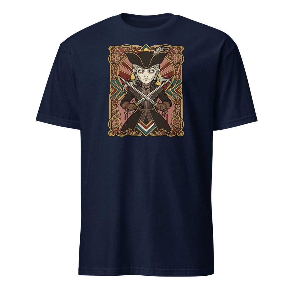 Clocktower Hunter Twin Blades Deco Duel Tee — navy front view