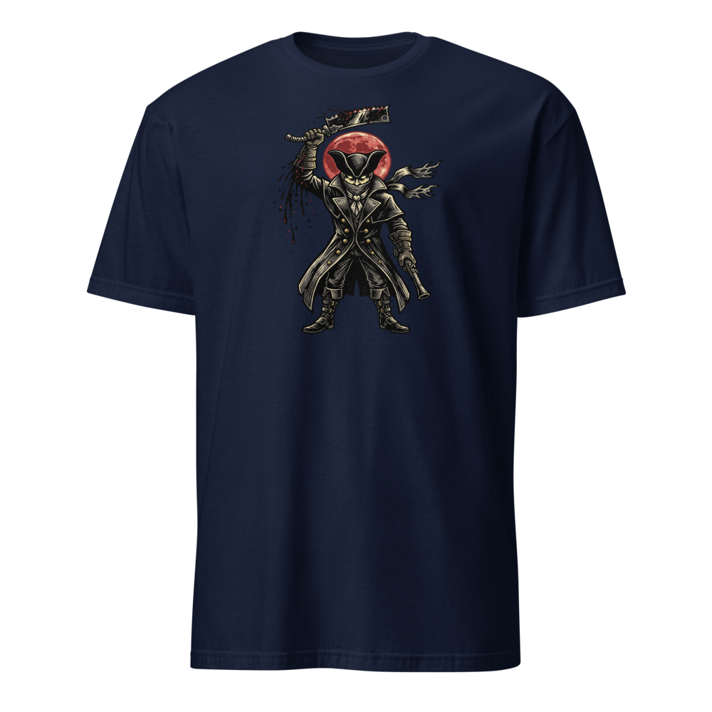 Gothic Hunter Blood Moon Linocut Horror Tee — navy front view