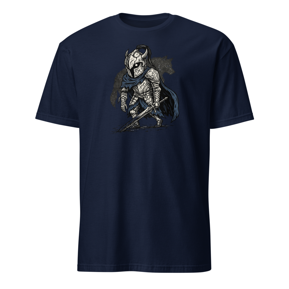 Broken Knight Abysswalker Blackwork Linocut Tee — navy front view