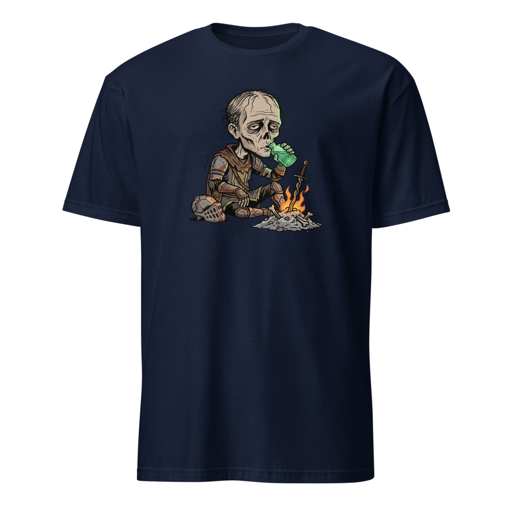 Hollow Knight Bonfire Estus Coffee Soulslike Parody Tee — navy front view