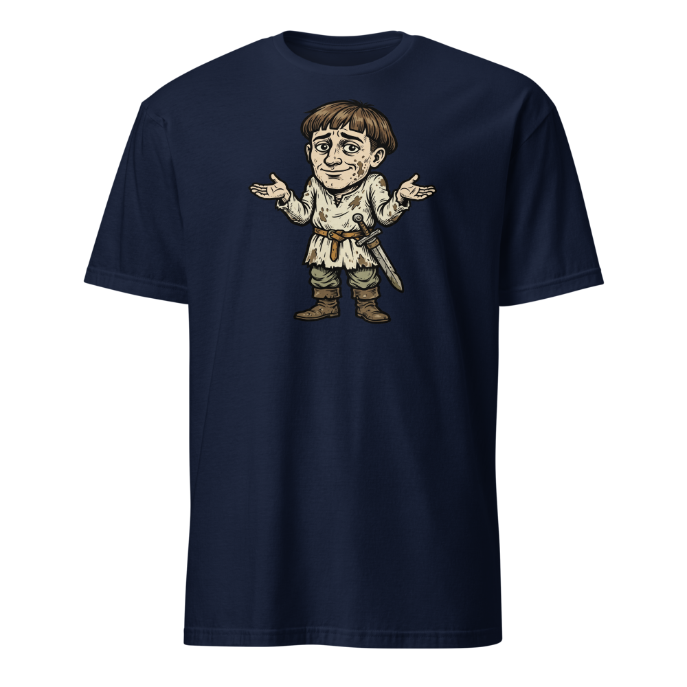 Medieval Peasant Shrug Woodcut Retro RPG Tee — navy front view