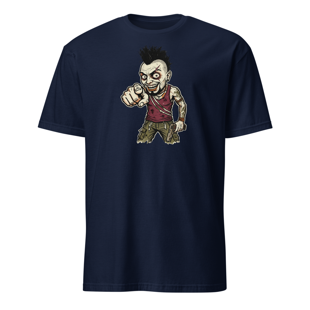 Unhinged Jungle Warlord Punk Caricature Tee — navy front view