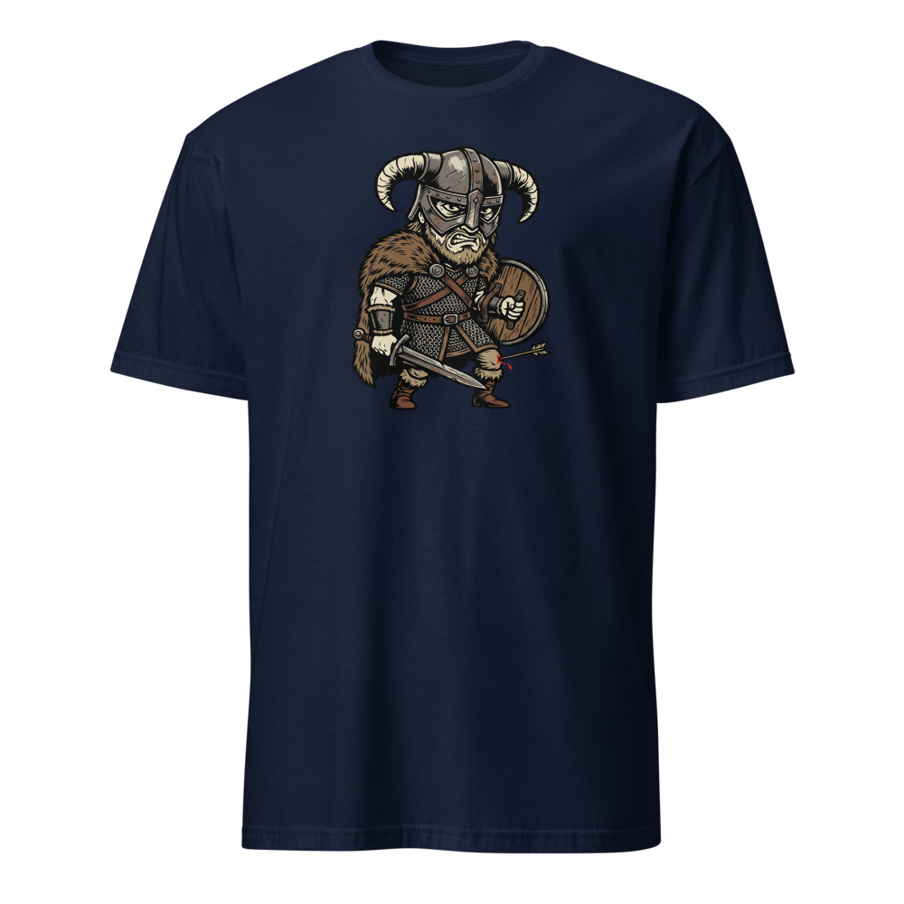 Horned Helmet Hero Arrow To The Knee Woodcut Tee — navy front view