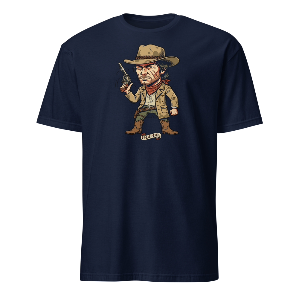 Scarred Outlaw Revolver Spinner Tattoo Flash Tee — navy front view