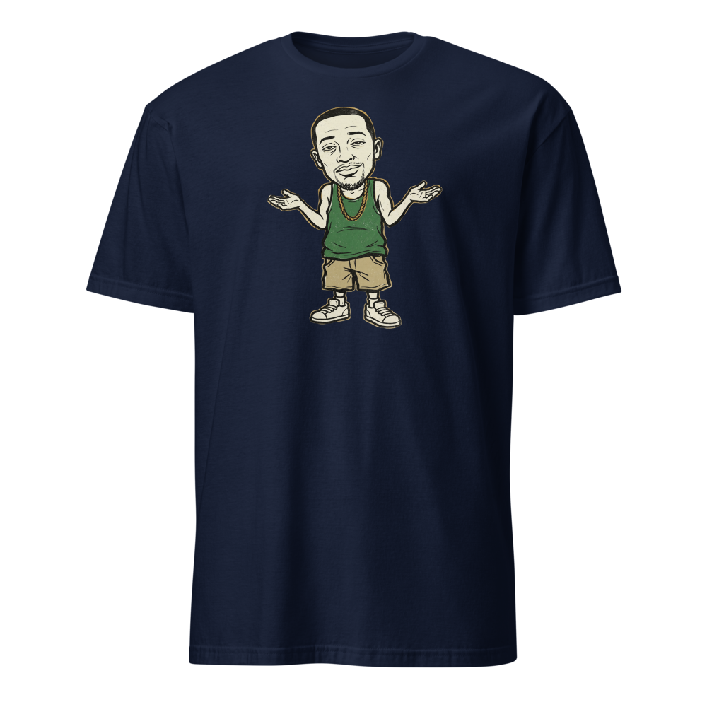 Here We Go Again Open-World Shrug Punk Tee — navy front view