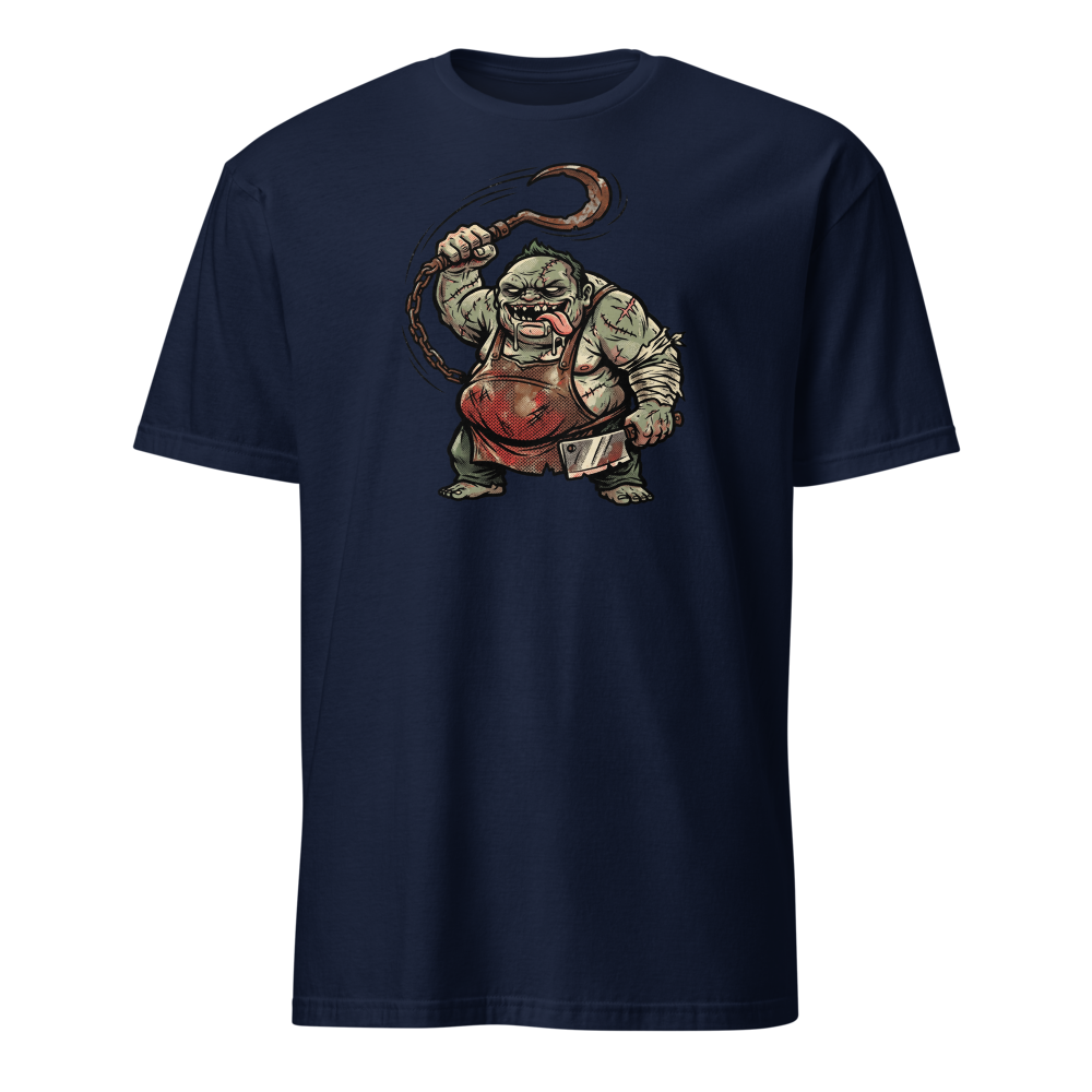 Butcher Hook Pop Art Halftone Gaming Tee — navy front view