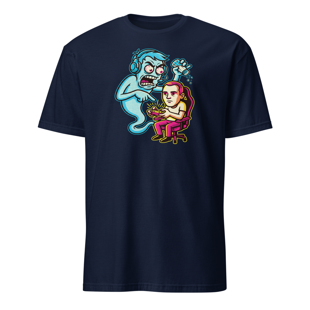 Salty Ghost Backseat Gamer Halftone Pop Art Tee — navy front view