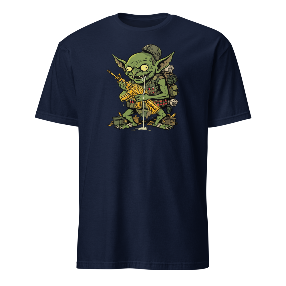 Loot Gremlin Gold Rifle Battle Royale Gamer Tee — navy front view