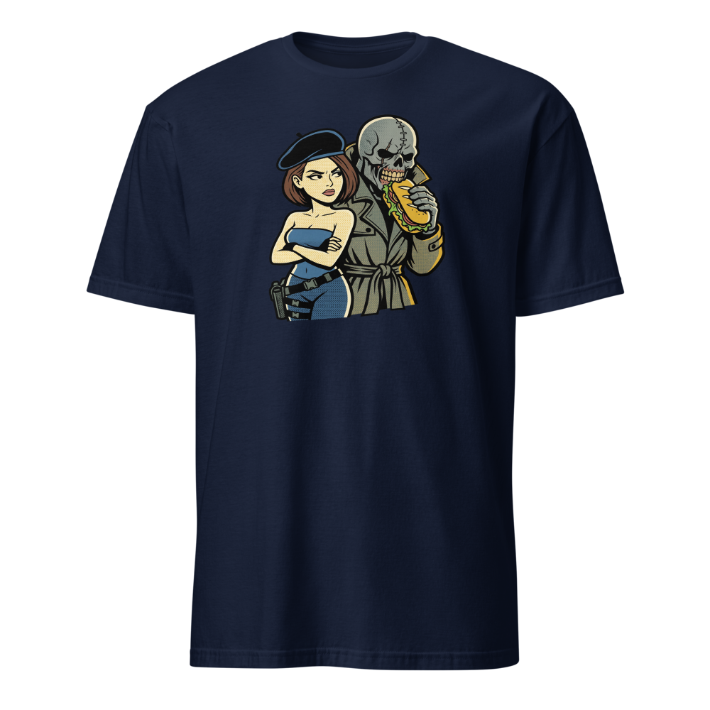 Parisian Beret Survival Horror Sandwich Parody Tee — navy front view