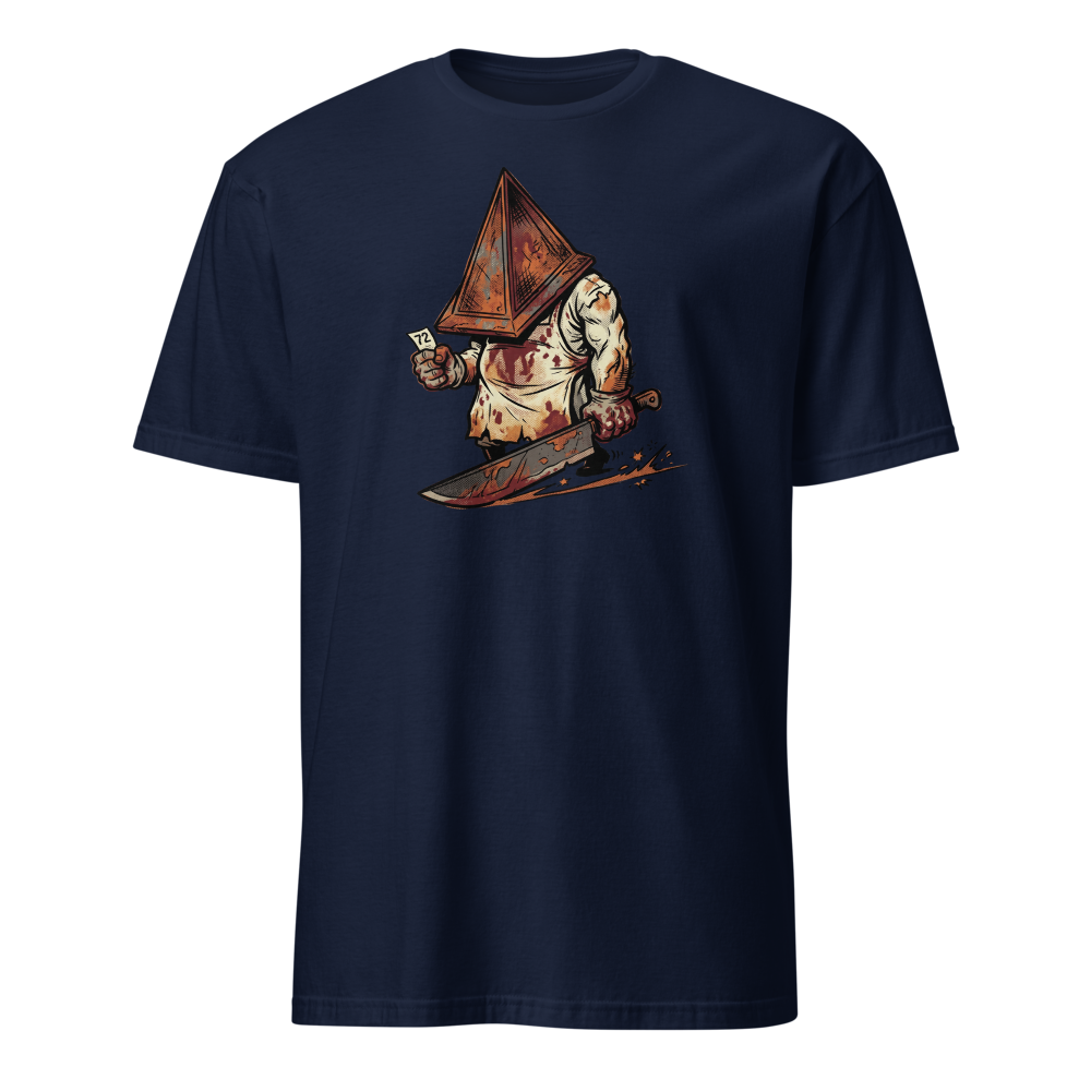 Horror Executioner at the DMV Halftone Parody Tee — navy front view